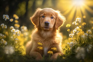 Golden retriever puppy. generative ai. Spring dog portrait. Portrait of a golden retriever dog