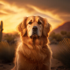 Golden retriever. generative ai. Summer sunset dog portrait. Portrait of a golden retriever dog