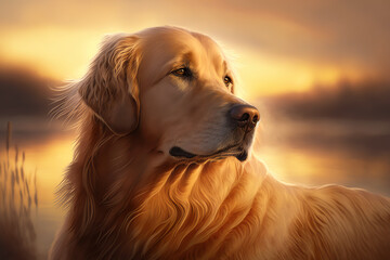 Golden retriever. generative ai. Summer sunset dog portrait. Portrait of a golden retriever dog
