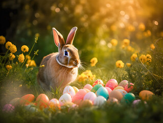 Easter Bunny with Colorful Easter Eggs on Flower Meadow in Sunny Weather