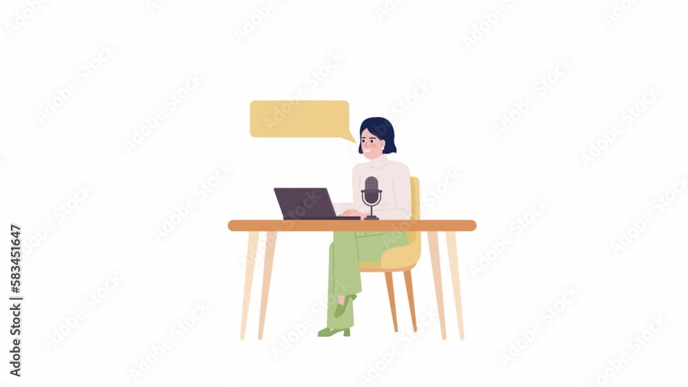 Poster animated podcast host on interview. stylish lady with microphone sitting at table. flat character an