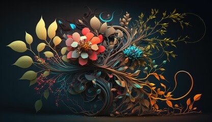 A colorful explosion of organic shapes, with flowers, leaves, and tendrils growing and spreading across the image in a naturalistic and vibrant display, generative AI