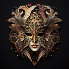 Venetian carnival mask, intricate design and details on a dark background. Front view. Generative AI illustration.