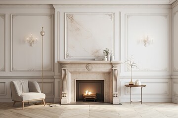 Traditional white beige decor with fireplace and moldings. mockup for an illustration. Generative AI - obrazy, fototapety, plakaty