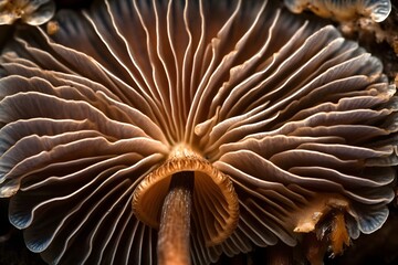 Closeup of the gills of a mushroom