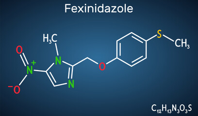 Fexinidazole molecule. It is drug used to treat African trypanosomiasis or sleeping sickness. Structural chemical formula on the dark blue background.