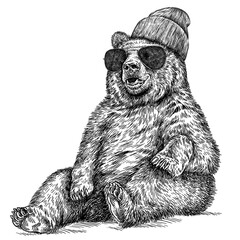 Vintage engrave isolated black bear set dressed fashion illustration ink costume sunglasses sketch. American grizzly background asian animal silhouette glasses hipster hat art