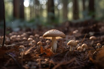 Fototapeta premium Wild mushrooms growing from soil