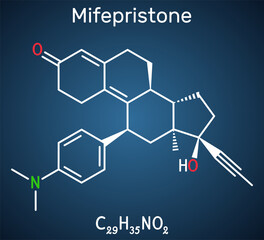 Mifepristone, molecule. It is progestational, glucocorticoid hormone antagonist, emergency contraceptive agent. Structural chemical formula on the dark blue background.