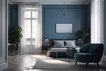 interior of a modern bedroom in white and blue,. Generative AI