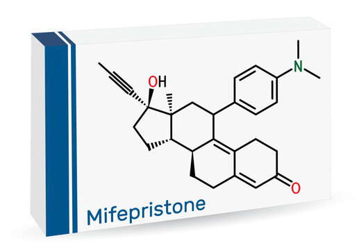 Mifepristone, molecule. It is progestational, glucocorticoid hormone antagonist, emergency contraceptive agent. Skeletal chemical formula. Paper packaging for drugs.