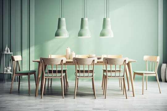 dining table and chairs in light green. Generative AI