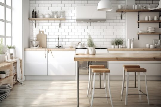 An empty wooden table, desk, or shelf with a blurred perspective of a modern interior design concept's Scandinavian white kitchen with cupboards, an island, and stools. Generative AI