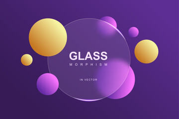 Violet background with round glass matt transparent around a sphere of two colors violet and yellow glass morphism effect