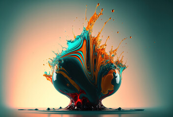A splash of colorful liquid on a mirrored surface. An explosion of paint, ink. An immersive, abstract background. 3D rendering. AI generated