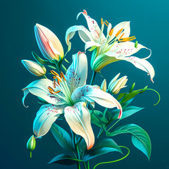 Bouquet of lilies on a blue background, generative AI.