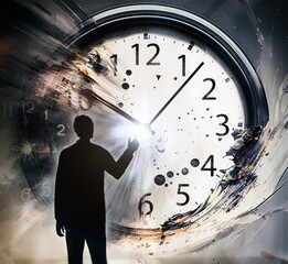 The study of time. Scientist standing near clock in distorted space