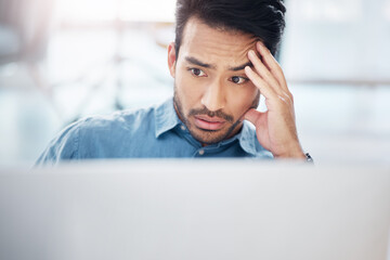 Asian man, stress and tired with laptop in office for glitch, problem and anxiety for proposal,...