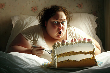 Dealing with stress. Fat woman eating cake in bed