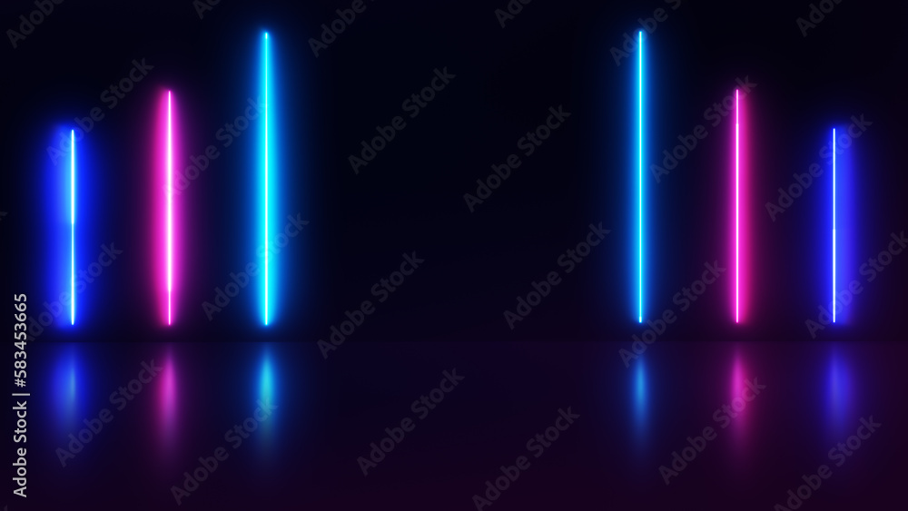 Poster abstract neon background with colorful beams of light with bright laser animation and reflective flo