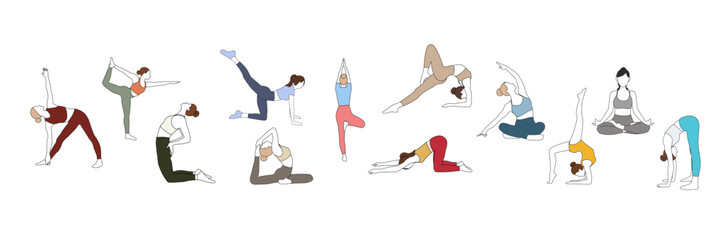 Woman doing sport yoga pilates in different poses in brown red blue pink yellow gray clothes set in line art on white background
