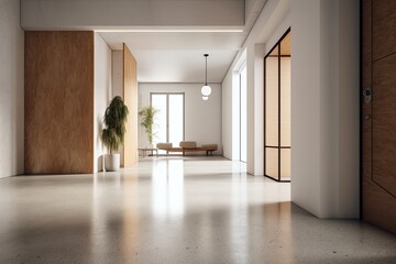 Interior design for an empty room in a business setting. The room is open and has terrazzo tiles on the floor, white walls, and a wooden door. Generative AI
