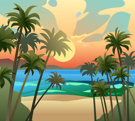 Obraz na płótnie Canvas Landscape seashore. Sand beach near water. Coastal waves. Thickets of mature palms. Cartoon fun style. Flat design. Vector