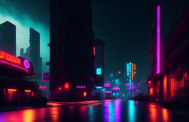 Fototapeta na wymiar Illustration of a bustling urban street at night illuminated by colorful neon lights created with Generative AI technology