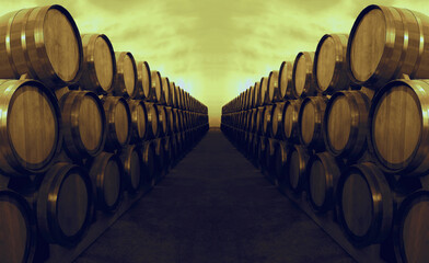 new Wine or cognac barrels in the cellar of the winery, Wooden vine barrels in perspective. vine...