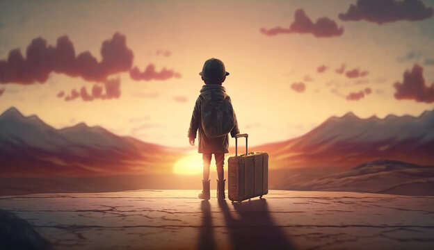 Traveler kids with a suitcase and dreaming about adventures. Concept of travel