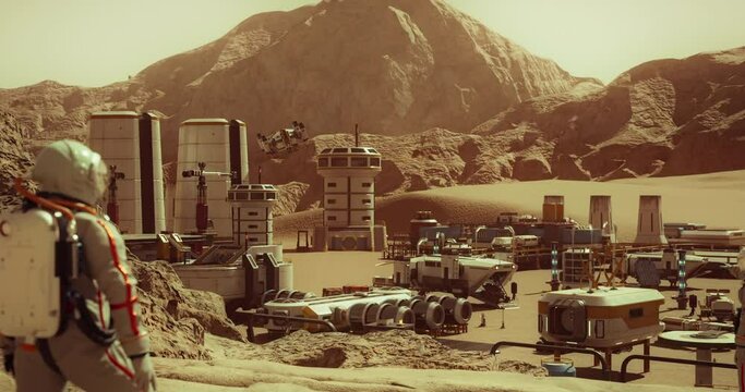Astronaut On The Planet Mars Looking into Landscape of the Red Planet. Futuristic Spaceship Landing on Mars Base. Exploring Mission. Mars Colonization Concept. 3D Rendering