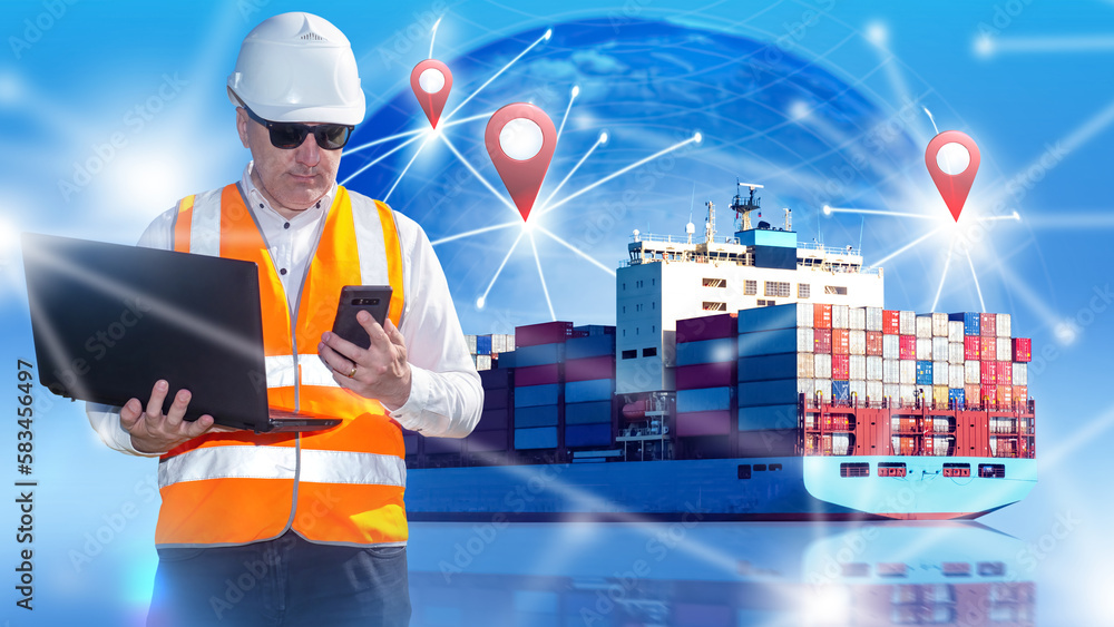 Poster logist of sea company. man near ship. transportation of containers through ocean. cargo ship with co