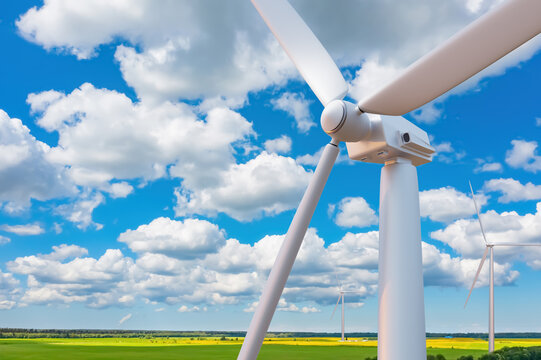 Wind generators. Renewable energy. Windmill in summer weather. Eco electro station. Landscape with wind generators. Wind mill fragment. Sustainable development of energy industry. 3d image
