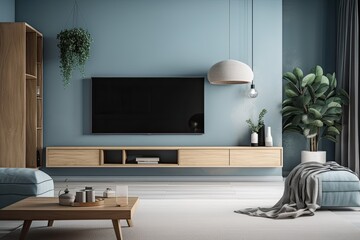 Modern living room with TV on blue wall and wooden plate over cabinet. Generative AI