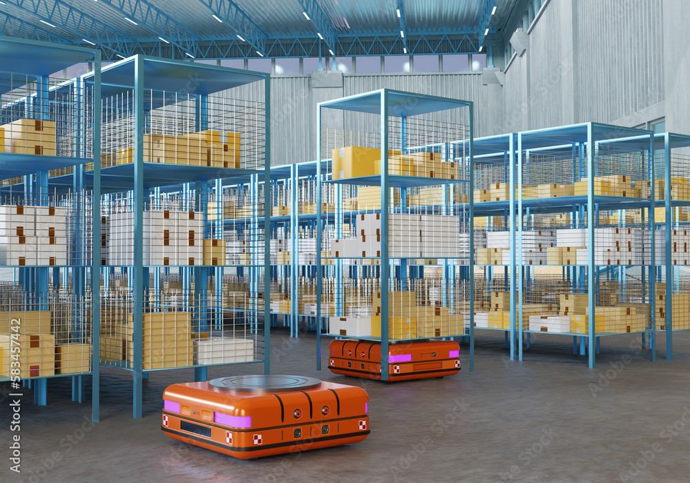 Poster autonomous mobile robot. automated fulfillment center. amr carts transport shelves. interior fulfill