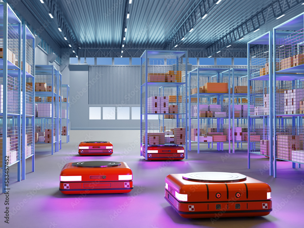Aufkleber automated guided vehicles. storage company with robots. agv machines inside warehouse. automated gui