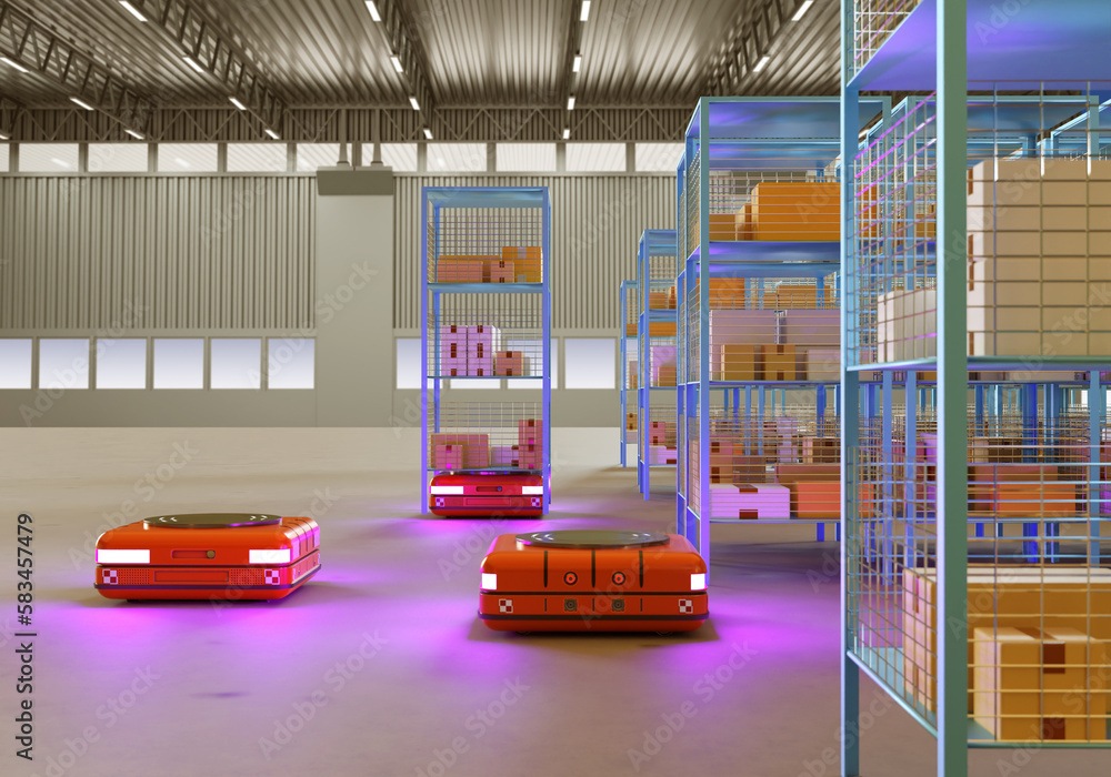 Poster warehouse robots. autonomous trolleys for delivery of racks. warehouse mobile robots. storage interi