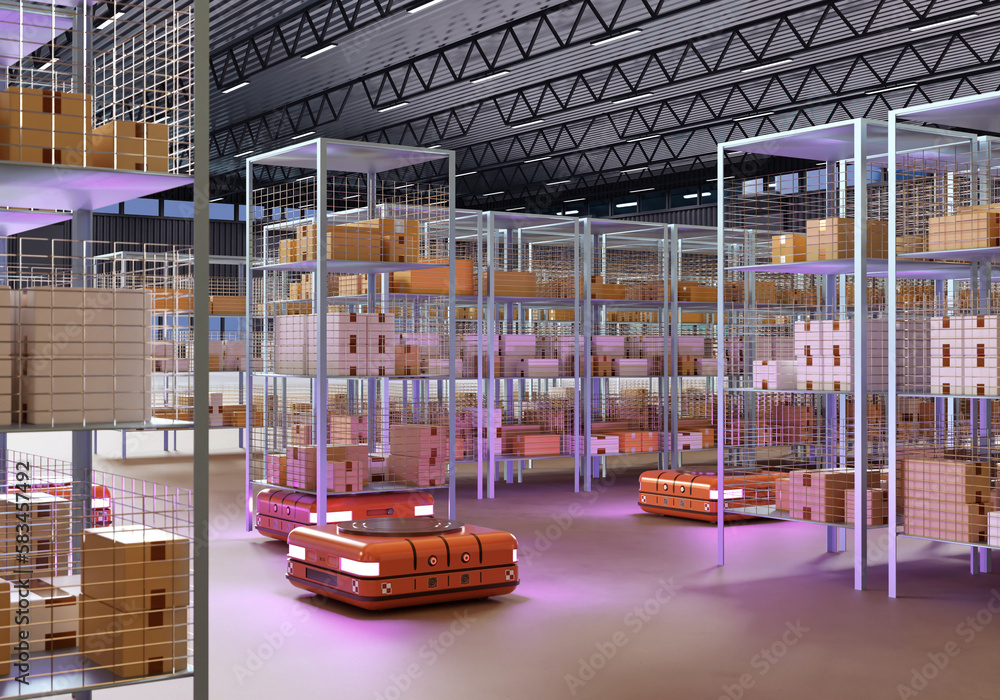 Poster building of distribution center from inside. modern retrieval machines. robots near racks with parce