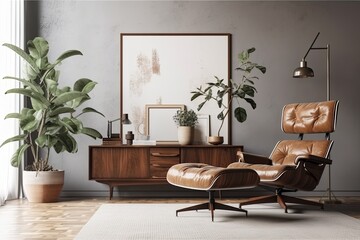A minimalist living room design with a copy area, plant, vintage recliner, dried tropical leaf, decoration, and chic personal items. Template. Generative AI