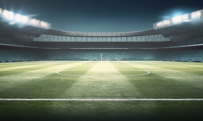 Empty soccer field from center midline wallpaper background with empty space for copy text, generative ai.