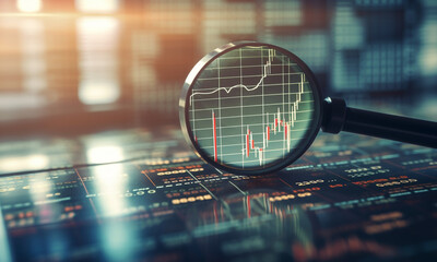 Zoom glass close up on chart background, stock market , forex or crypto prices. Concept of investing.