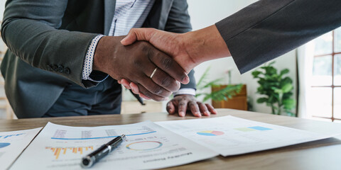 Business Partnerships Handshake at Meeting room. corporate collaboration successful. handshaking after good deal