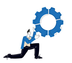 Businessman with mechanism gears, hand drawn vector illustration isolated on white background. Concept of business launch and project management, successful efficient business.