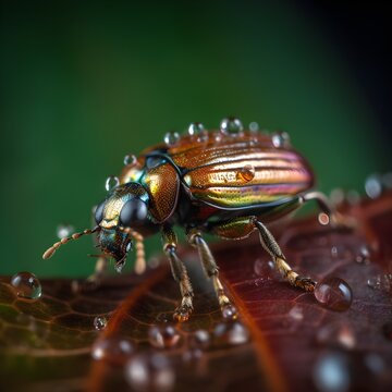 Microcosmic Majesty: A Dew-Kissed Beetle on Nature's Canvas - AI Generated