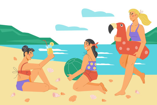 Beautiful women on the beach, flat vector illustration. Summer beach vacation. Rest on the seashore banner or poster background.