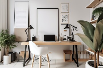 A modern workspace with art materials and a mockup poster office and copy area. Generative AI