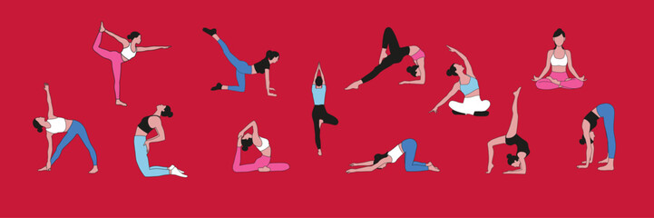 Women on red background doing yoga exercises sport in different poses in blue pink black clothes in out line art set for apps icons