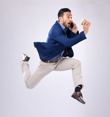 Phone call, rush and late with a business man on white background in studio running to an...