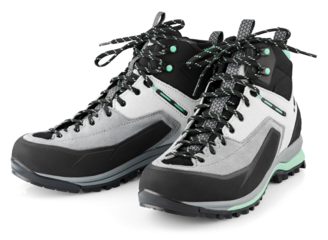 New sports hiking boots with shoelaces bow isolated on transparent background. Winter trekking shoes. Full Depth of Field