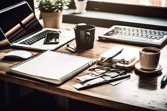 Office Desk Workspace Items Including A Notepad, Laptop, And Coffee Cup. Generative AI